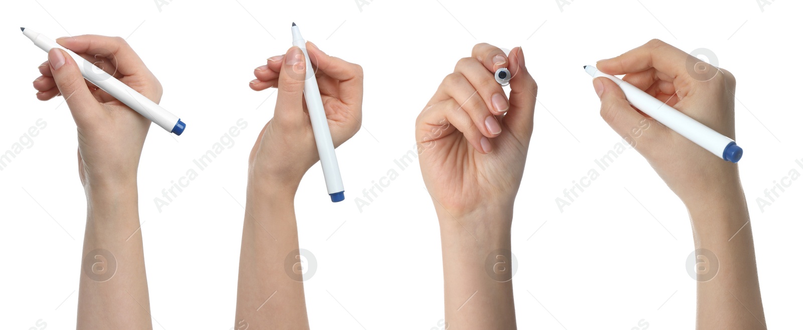 Image of Collage with photos of woman holding blue markers on white background, closeup