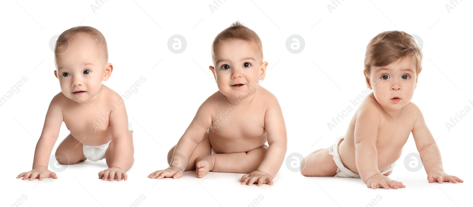 Image of Collage with photos of cute babies crawling on white background. Banner design