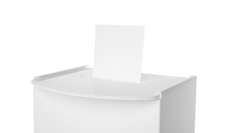 Photo of Ballot box with vote isolated on white. Election time