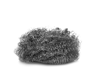 Photo of New metal sponge on white background. Cleaning supplies