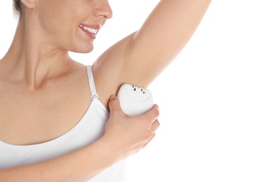 Photo of Woman doing armpit epilation procedure isolated on white, closeup