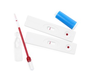 Photo of Disposable express hepatitis test kit on white background, top view