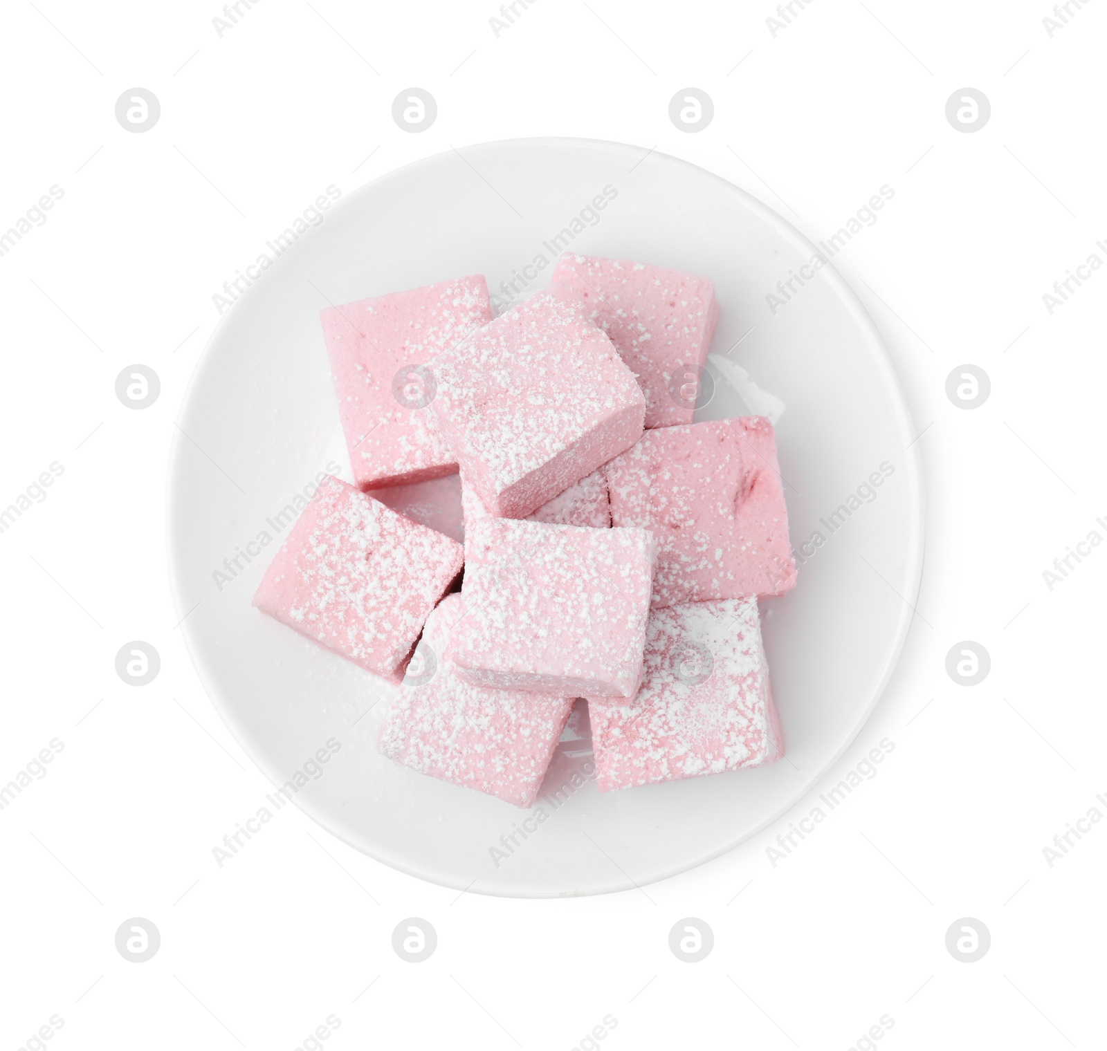 Photo of Plate of delicious sweet marshmallows with powdered sugar isolated on white, top view