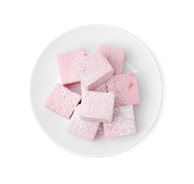 Photo of Plate of delicious sweet marshmallows with powdered sugar isolated on white, top view