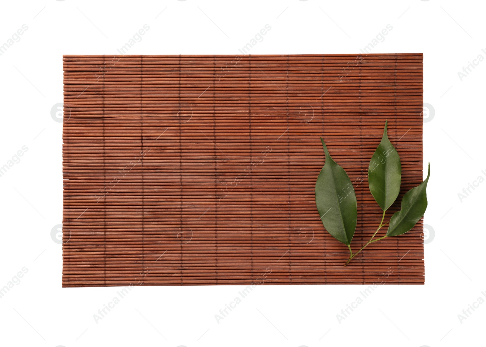 Photo of Sushi mat made of bamboo and leaves on white background, top view