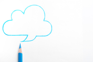 Photo of Drawing of cloud and light blue pencil on white background, top view