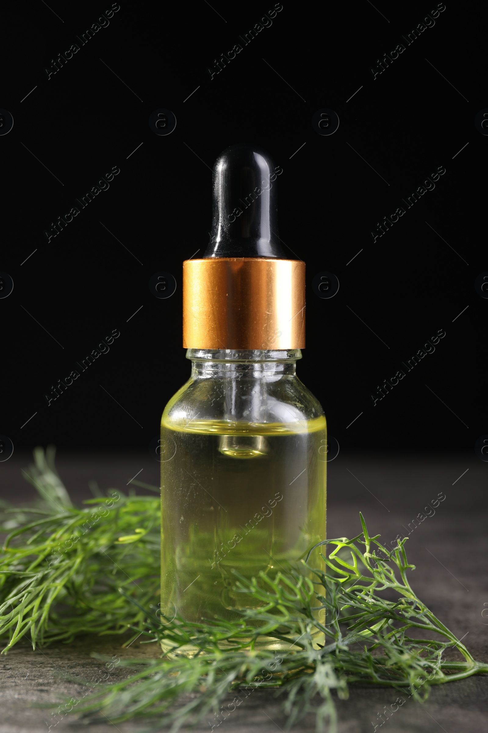 Photo of Bottle of essential oil and fresh dill on grey table