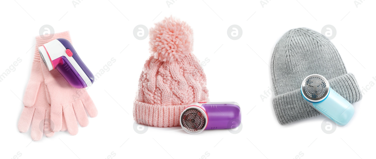 Image of Fabric shavers, woolen hats and gloves on white background., collage. Banner design 