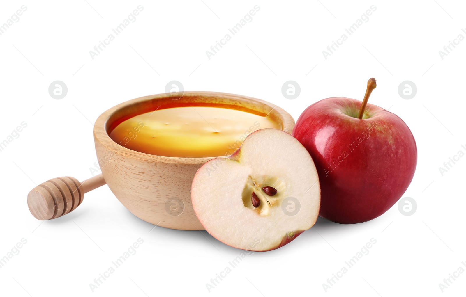 Image of Honey in bowl and apples isolated on white