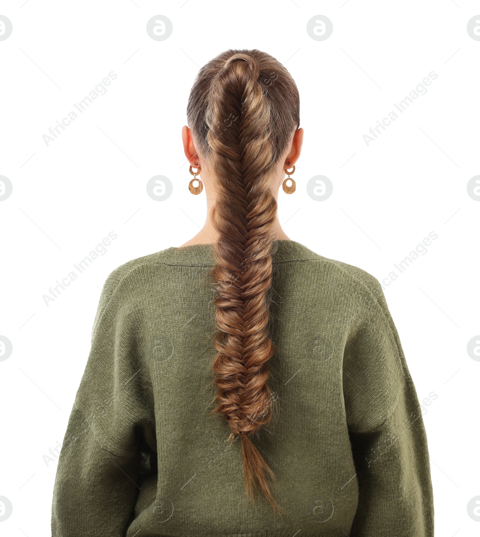 Photo of Woman with braided hair on white background, back view