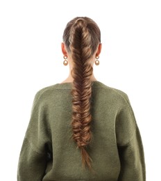 Woman with braided hair on white background, back view