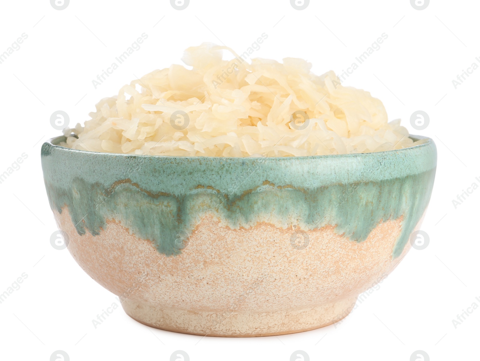 Photo of Bowl of tasty sauerkraut on white background