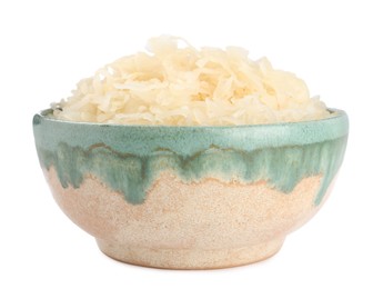 Photo of Bowl of tasty sauerkraut on white background