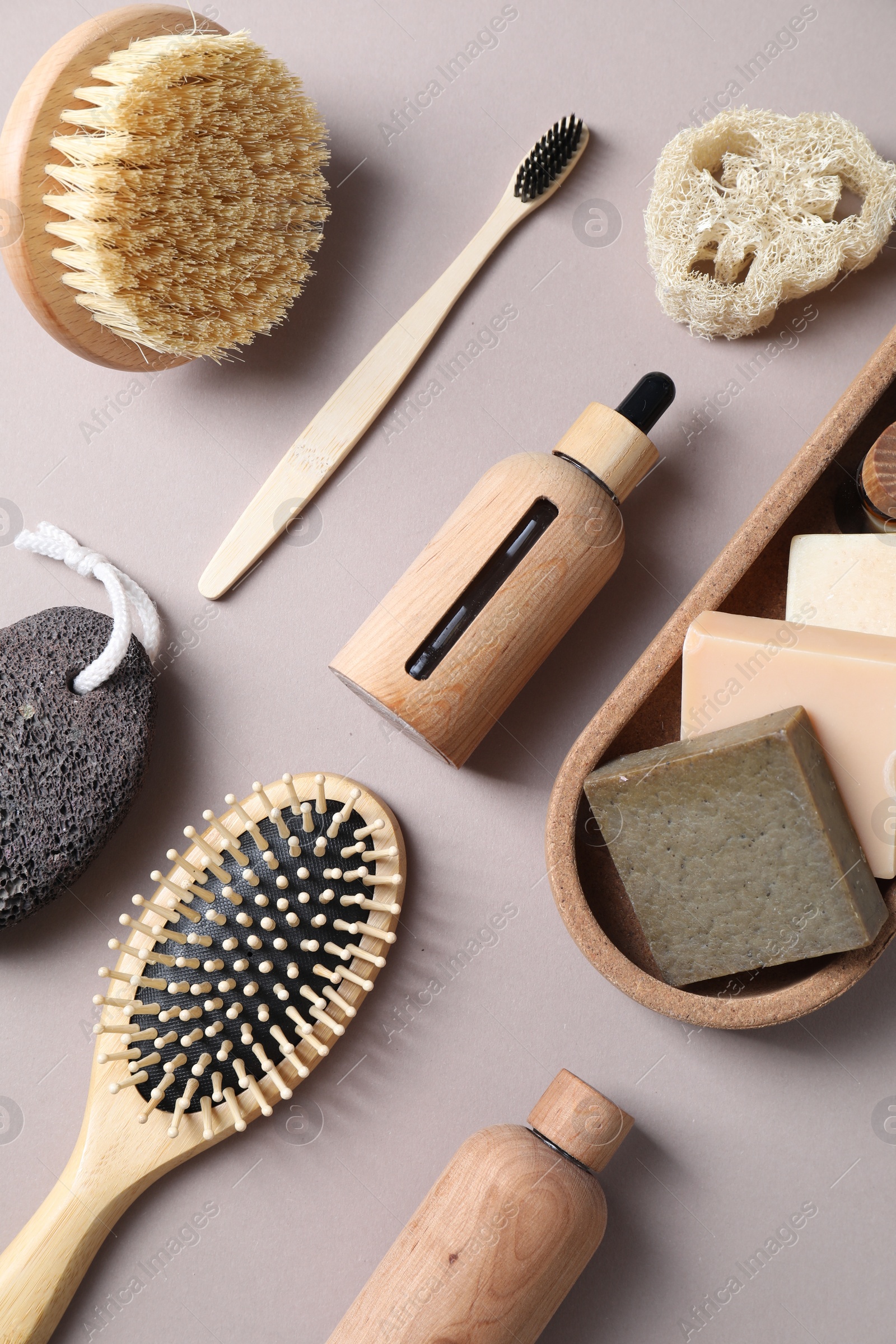 Photo of Bath accessories. Flat lay composition with personal care products on light grey background