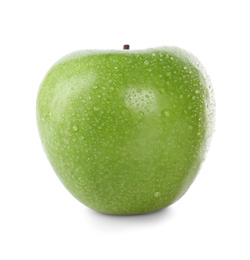 Photo of Fresh juicy green apple with water drops isolated on white