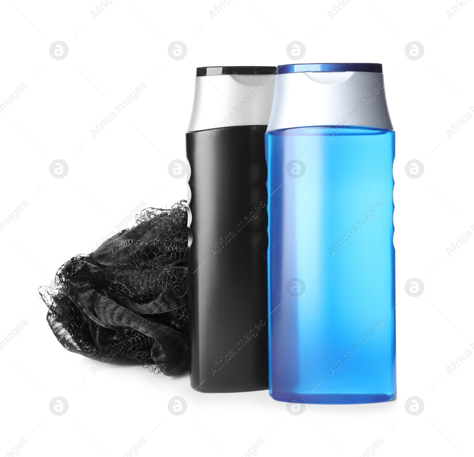 Photo of Shampoo, shower gel and bast wisp isolated on white. Men's cosmetic