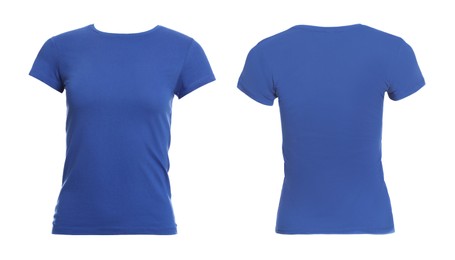 Image of Blue t-shirt with space for design isolated on white. Back and front views