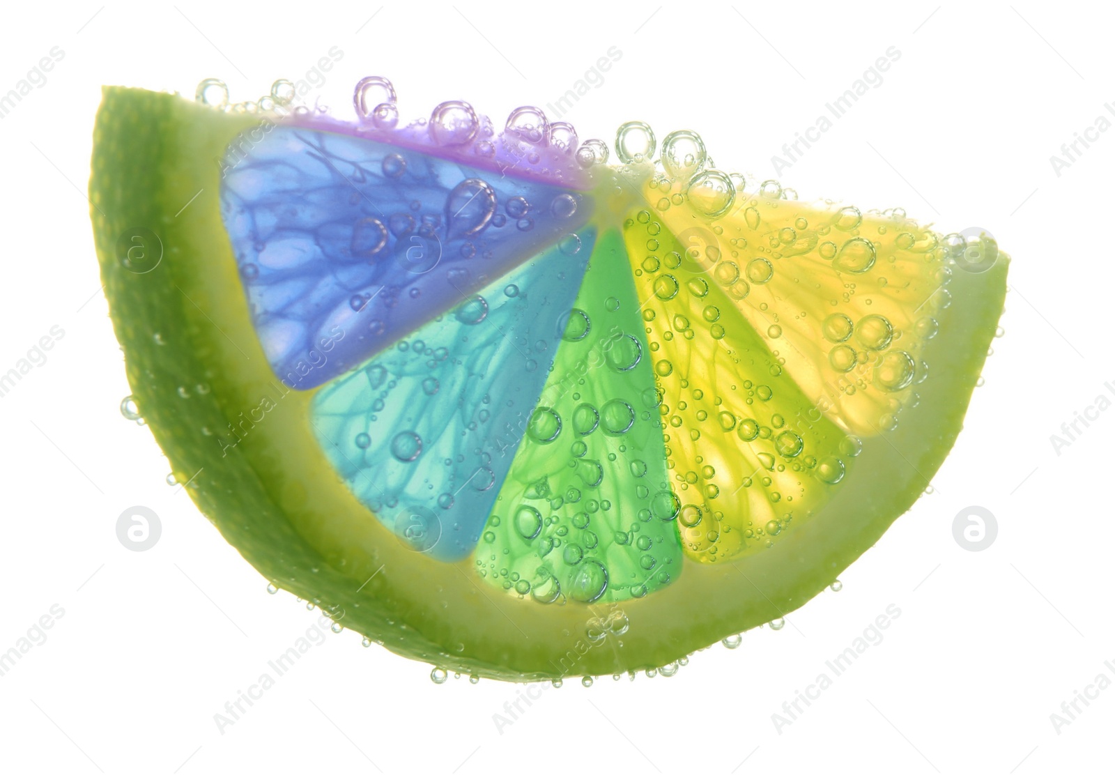 Image of Fresh lime slice with rainbow segments and water bubbles on white background. Brighten your life