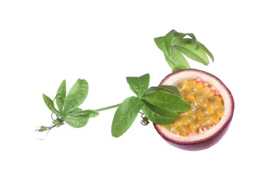 Photo of Passion fruit with leaves on white background. Passiflora plant