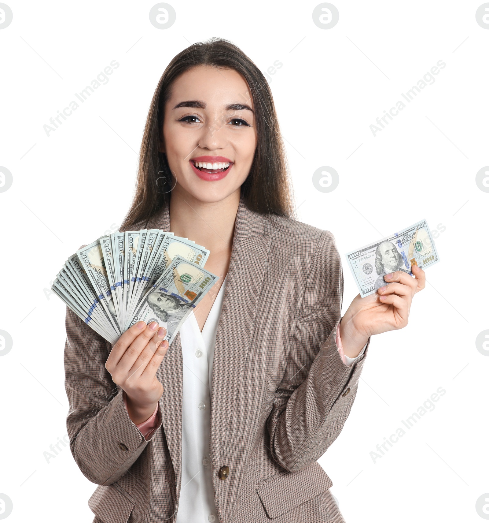 Photo of Portrait of happy young businesswoman with money on white background