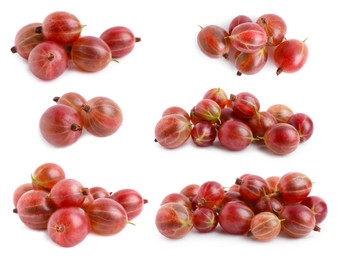 Image of Set with fresh ripe gooseberries on white background