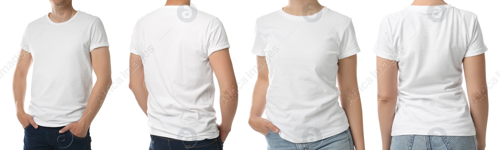 Image of Man and woman in t-shits on white background, closeup. Mockup for design