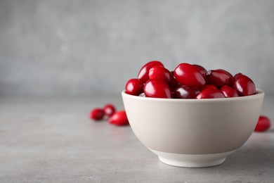 Photo of Fresh ripe dogwood berries in bowl on light grey table. Space for text
