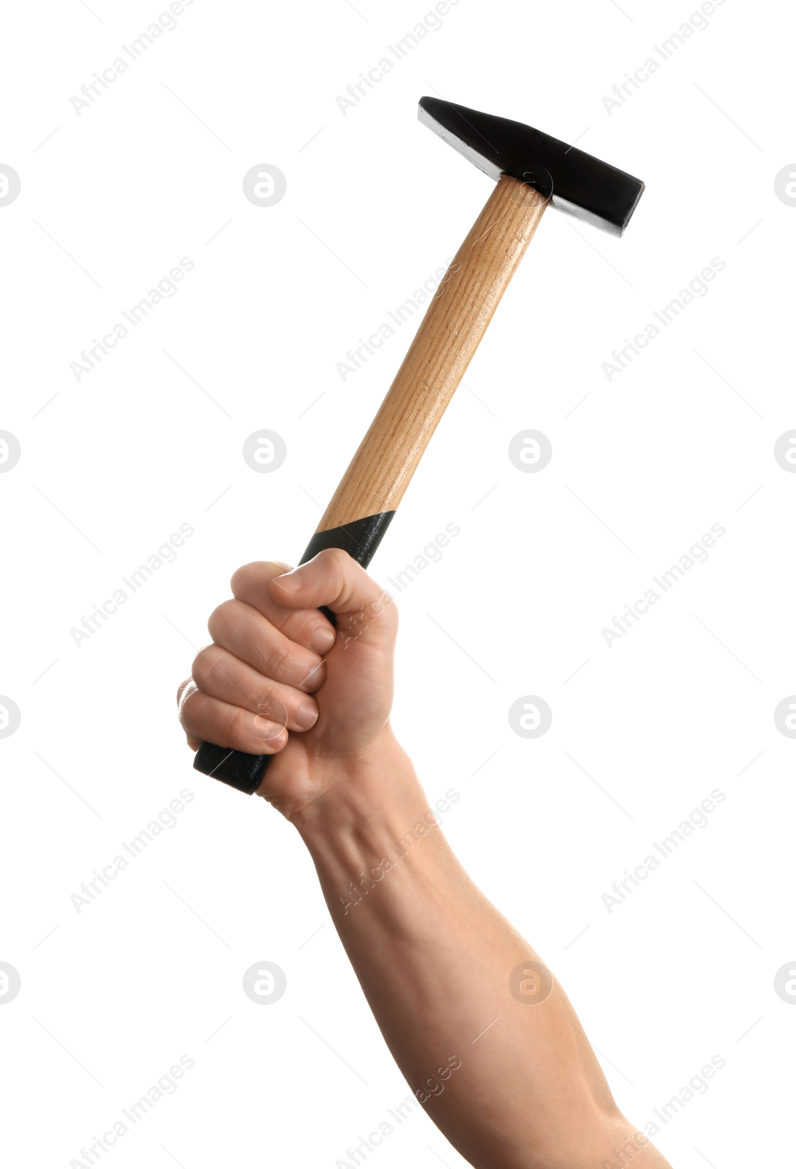 Photo of Man holding hammer isolated on white. Construction tools