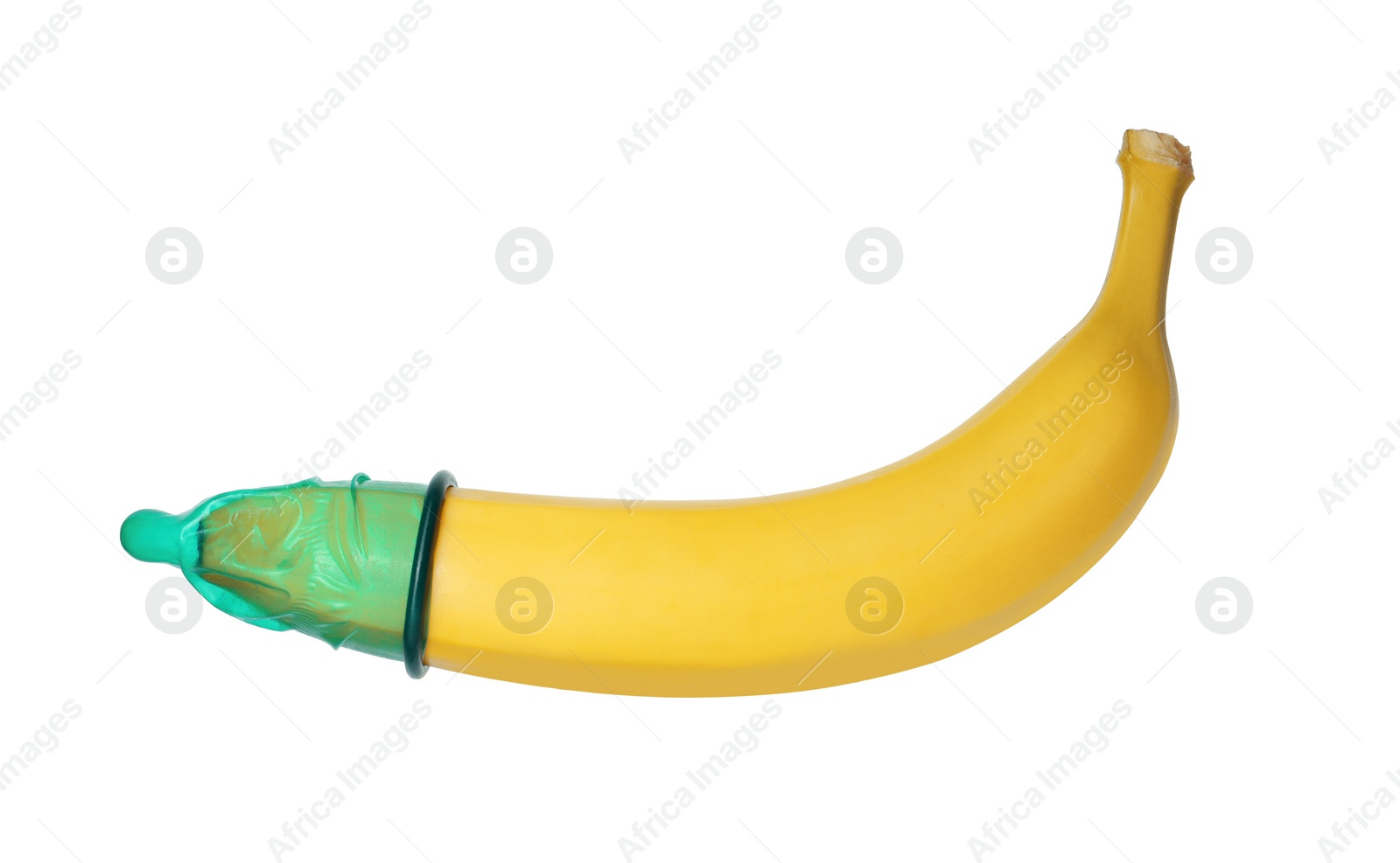 Photo of Banana with condom isolated on white. Safe sex concept