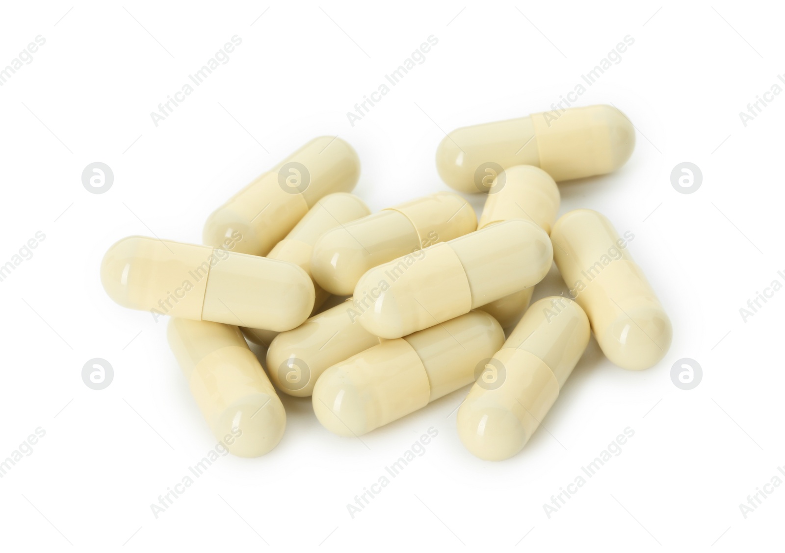 Photo of Vitamin capsules isolated on white. Health supplement