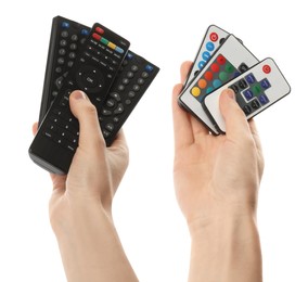 Image of Woman holding different remote controllers on white background, closeup. Collage design