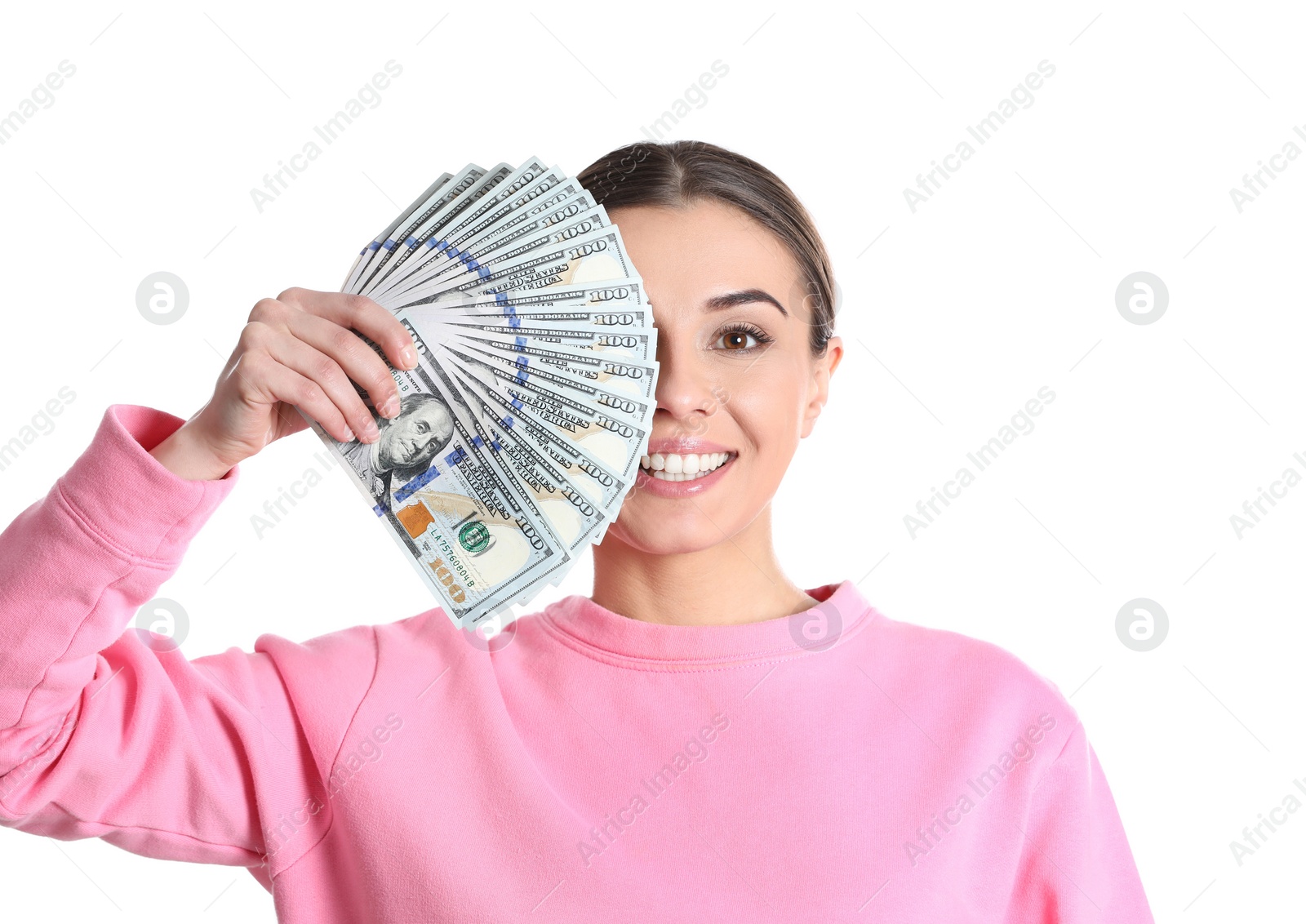 Photo of Portrait of young woman holding money banknotes on white background