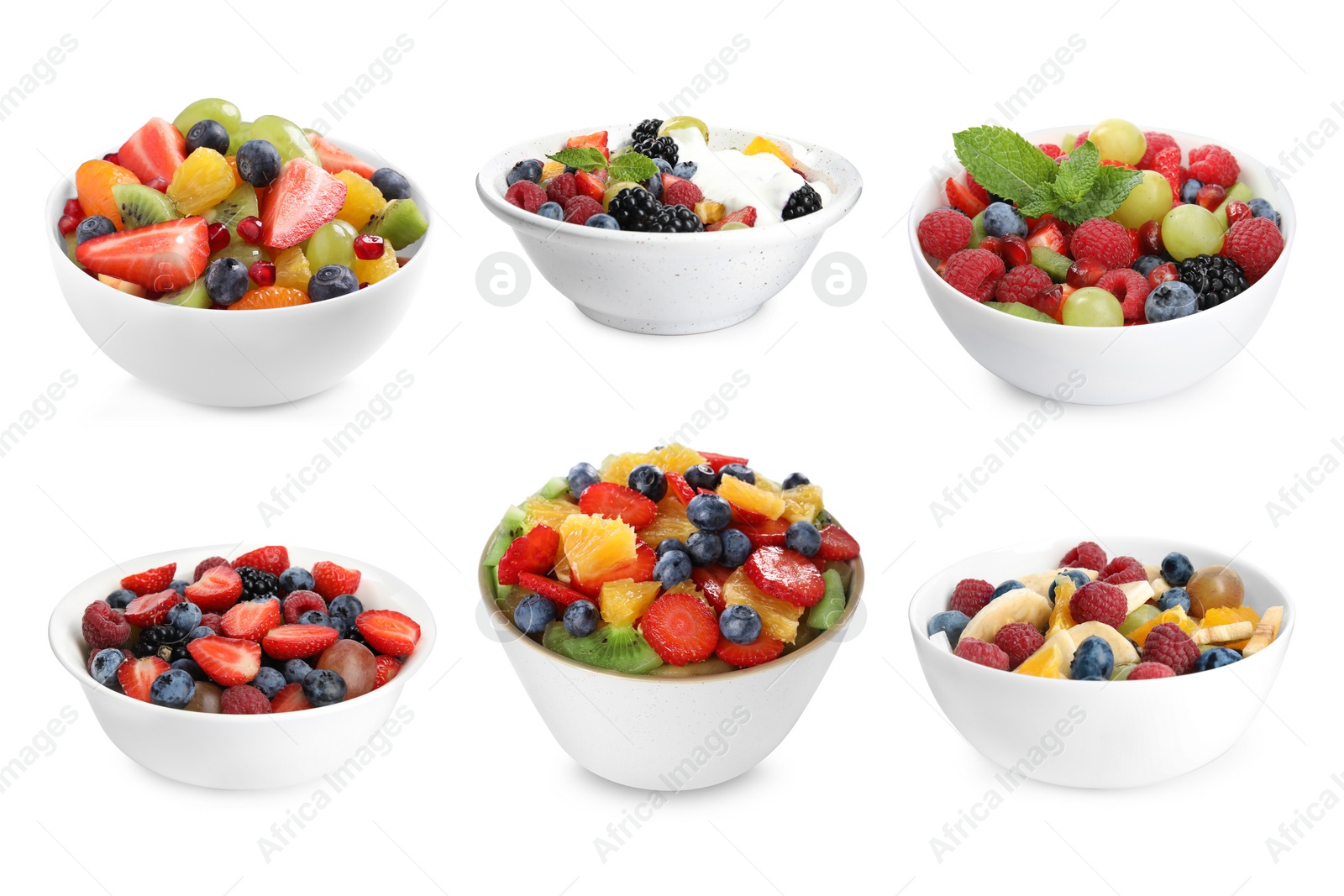 Image of Fruit salad, collection. Mixed fresh berries and fruits in bowls isolated on white