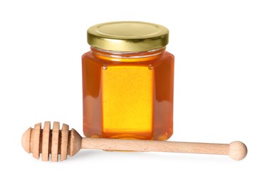 Tasty natural honey in glass jar and dipper isolated on white