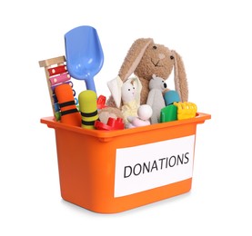 Donation box full of different toys isolated on white