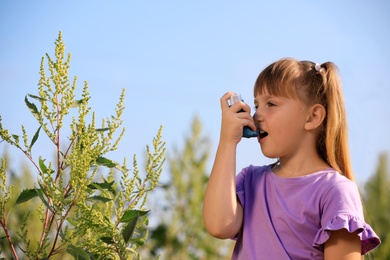 Photo of Little girl with inhaler suffering from ragweed allergy outdoors