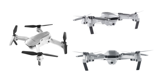 Image of Modern drone on white background, views from different sides. Banner design