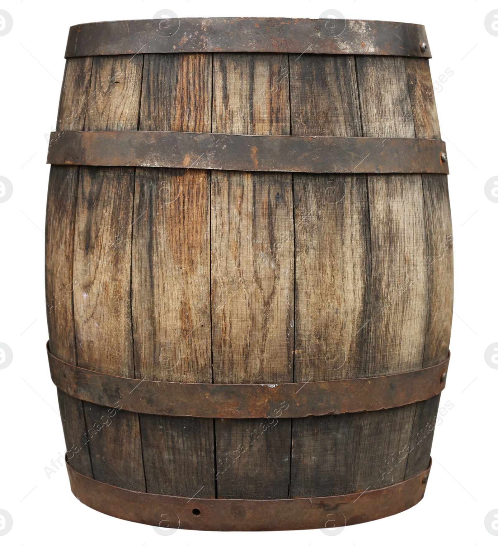 Image of One wooden barrel with metal hoops isolated on white