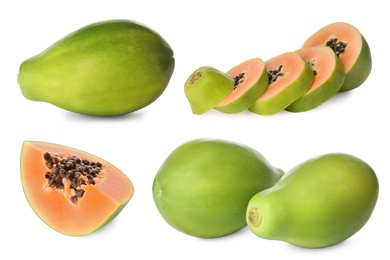 Set with fresh ripe papaya fruits on white background