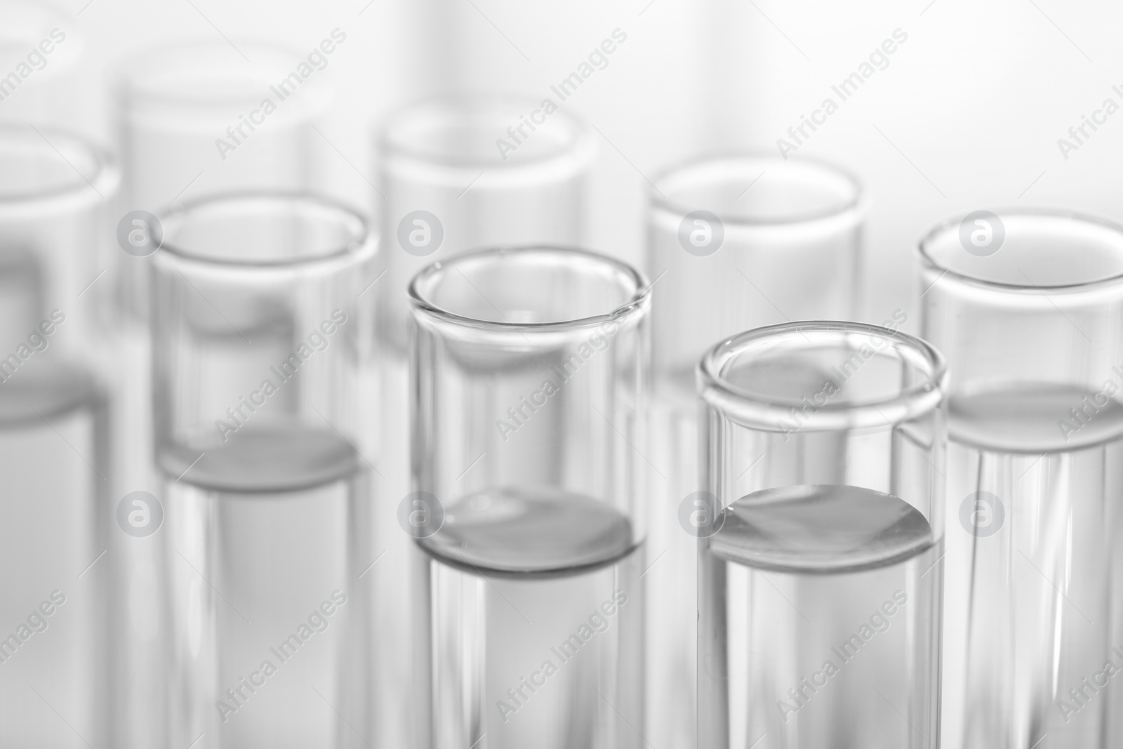 Photo of Laboratory analysis. Many glass test tubes on blurred background, closeup