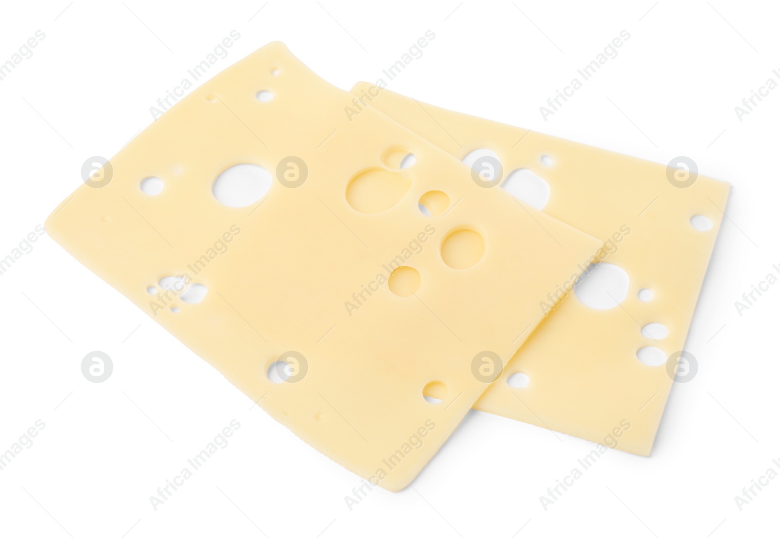 Photo of Slices of tasty fresh cheese isolated on white, top view