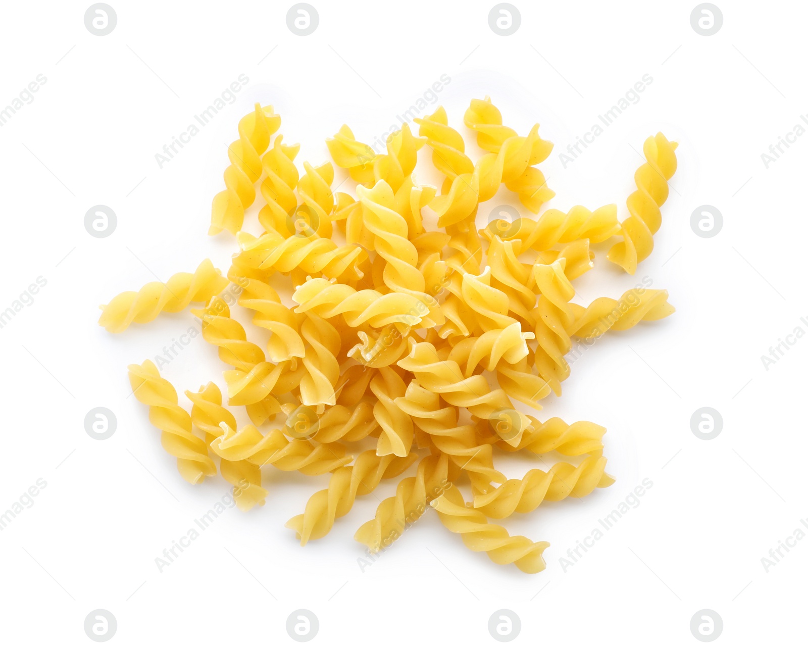 Photo of Uncooked fusilli pasta on white background, top view