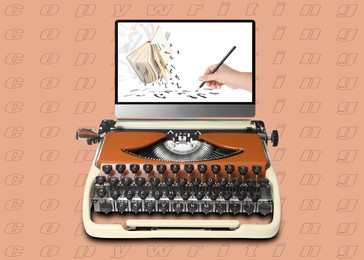 Image of Old typewriter as keyboard near monitor on pale brown background with words Copywriting. Woman writing and book scattering letters on screen