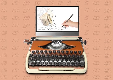 Old typewriter as keyboard near monitor on pale brown background with words Copywriting. Woman writing and book scattering letters on screen