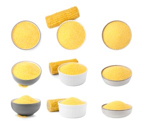 Image of Set with uncooked cornmeal in bowls isolated on white, top and side views