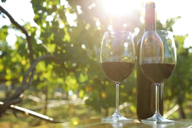 Bottle of wine and glasses on table in vineyard. Space for text