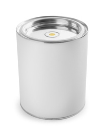 Photo of Closed blank can of paint isolated on white