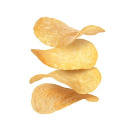 Stack of tasty potato chips on white background