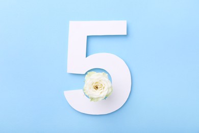 Photo of Paper number 5 and beautiful flower on light blue background, top view