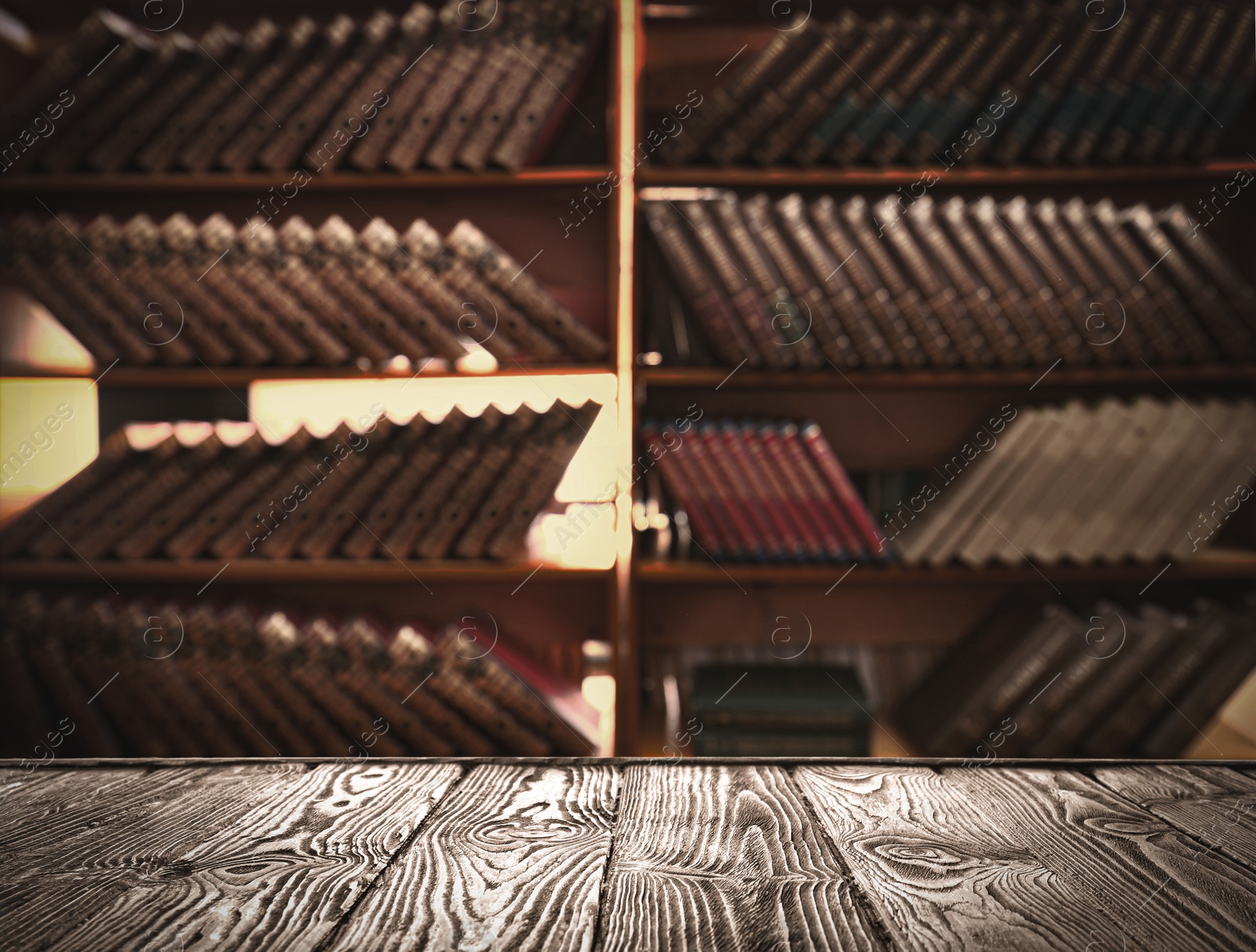 Image of Empty wooden table in library. Space for design 